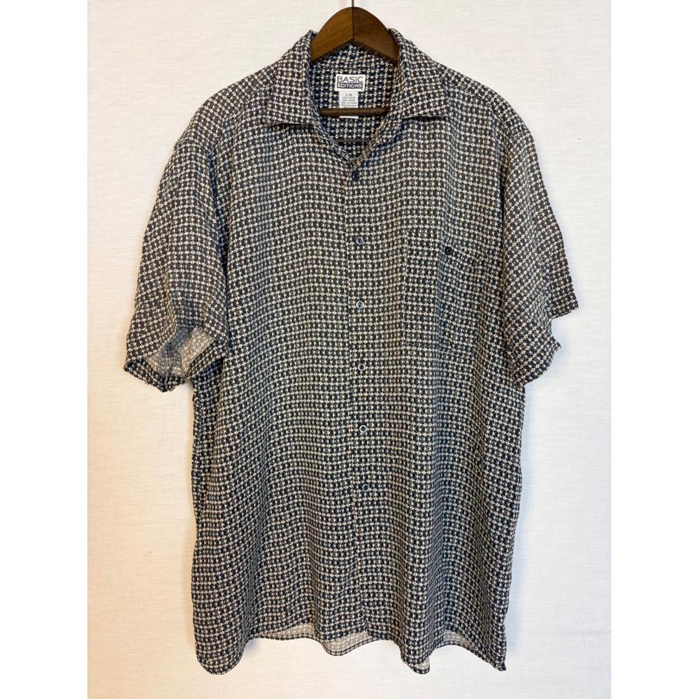 Basic Editions Mens Rayon Short‎ Sleeve Button Up Shirt Geometric Print Blue L - Picture 2 of 12
